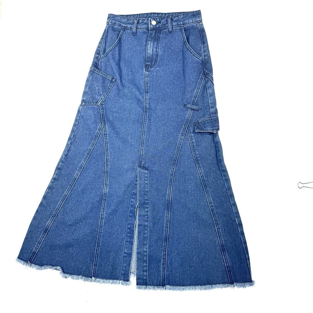 New Gracia Women's Front Slit Long Denim Jean Skirt Heather Side Pocket Size S